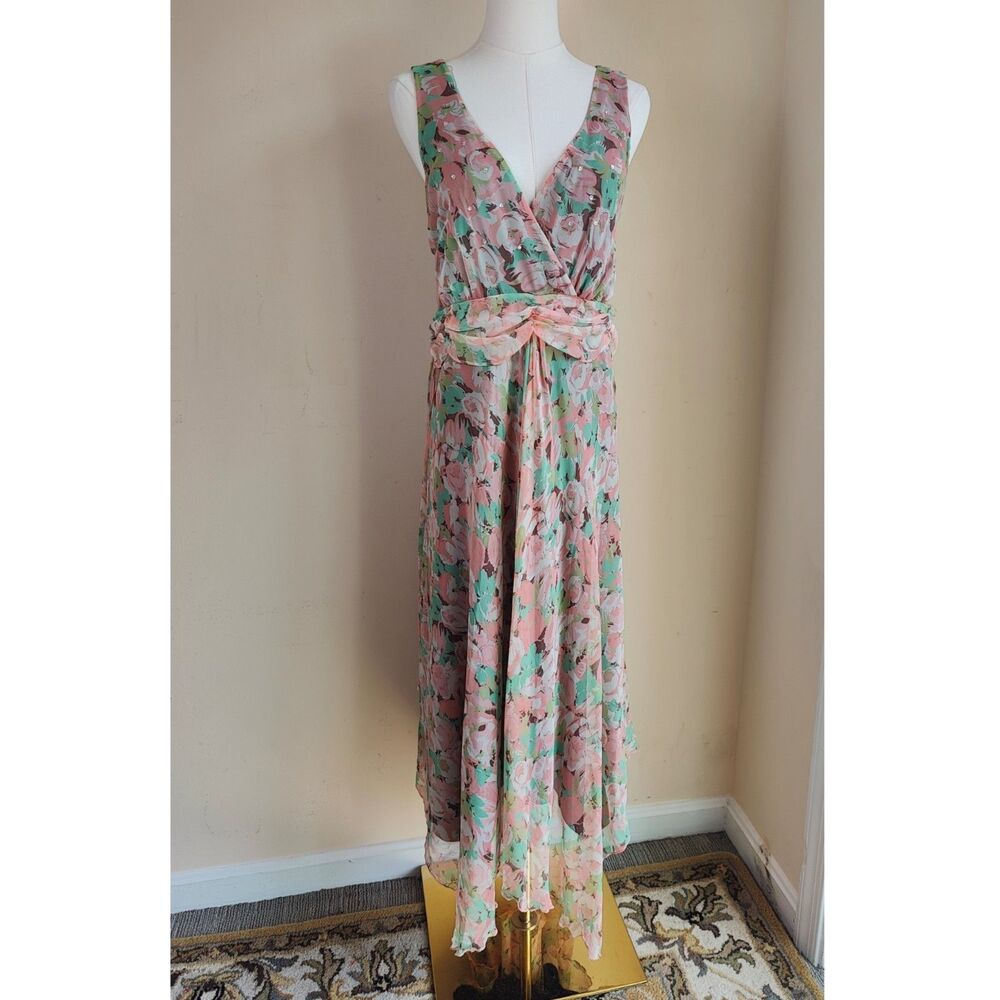 Vintage Silk Chiffon Jonathan Martin Floral Summer Party Dress Tie Back Size 14